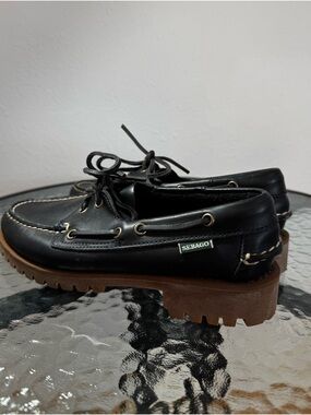 Sebago Ranger Waxy Black Leather Lug Sole Boat Shoes Size 8